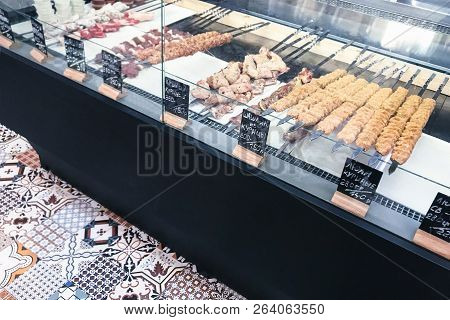 Pyatigorsk, Russia - September 20, 2018: Various Kebabs In Food Court Gastromarket Cuisine Of The Wo