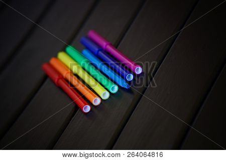 Multicolored Felt Pens Are Laid Out In The Color Of The Rainbow - Lgbt Symbols. Freedom Of Choice An