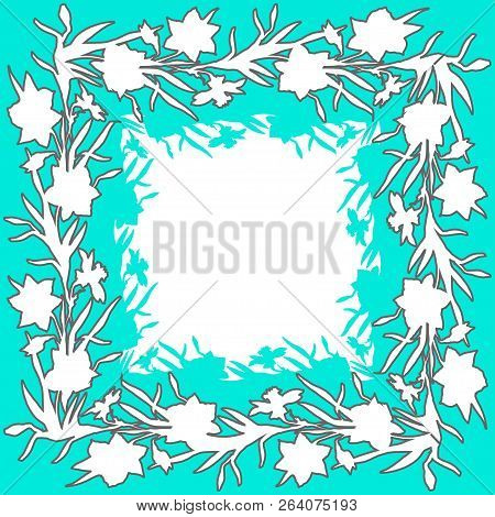 Floral Square Ornament Border With Hand Drawn Flowers Daffodils, Narcissus. Color Contour Floral Ele