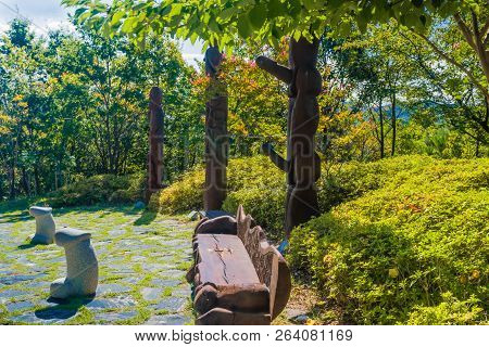 Samcheok, South Korea; September 25, 2018: Three Statues Of Human Penis In Mountainside Park Standin