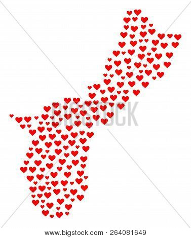 Collage Map Of Guam Island Created With Red Love Hearts. Vector Lovely Geographic Abstraction Of Map