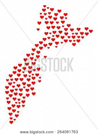 Collage Map Of Kamchatka Peninsula Designed With Red Love Hearts. Vector Lovely Geographic Abstracti