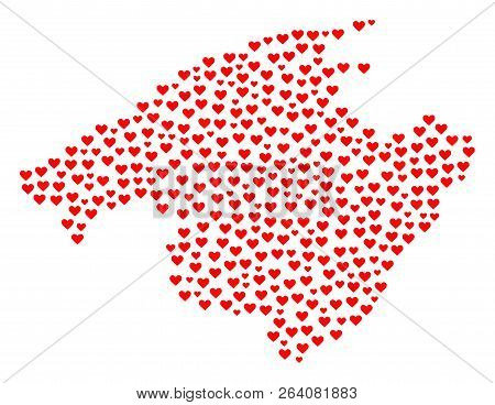 Mosaic Map Of Majorca Formed With Red Love Hearts. Vector Lovely Geographic Abstraction Of Map Of Ma