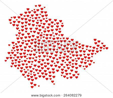 Collage Map Of Thuringia State Designed With Red Love Hearts. Vector Lovely Geographic Abstraction O