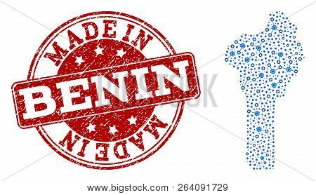 Map Of Benin Vector Mosaic And Made In Grunge Stamp. Map Of Benin Formed With Blue Wheel Links. Made