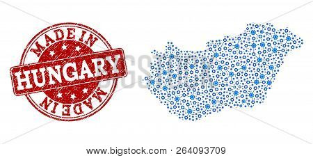 Map Of Hungary Vector Mosaic And Made In Grunge Stamp. Map Of Hungary Created With Blue Cog Relation
