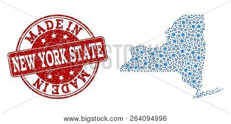 Map Of New York State Vector Mosaic And Made In Grunge Stamp. Map Of New York State Composed With Bl