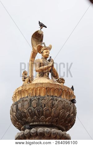 Statue Of King Yog Narendra Malla At Patan Durbar Square