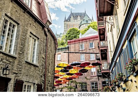 Lot Of Umbrellas In Petit Champlain Street Quebec City, Canada