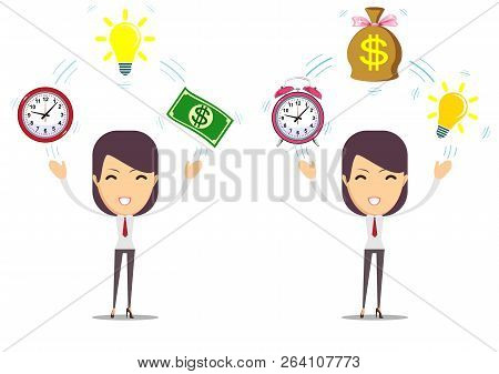 Young Girl Before Movement Objects In Business. Stock Flat Vector Illustration.
