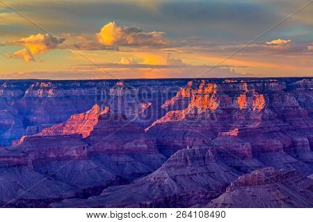 Sunrise At Mather Point, Grand Canyon National Park, Arizona. Photo Shows A Group Of Tourists Watchi