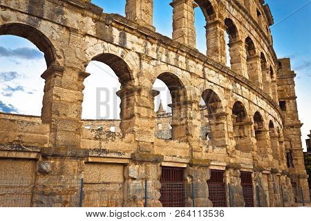 Arena Pula Historic Roman Amphitheater Arches And Detail View, Istria Region Of Croatia