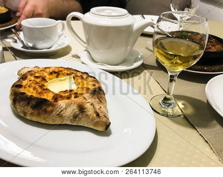 Travel To Caucasian Mineral Waters Region - Khachapuri Cheese Filled Pie In Local Restaurant In Yess