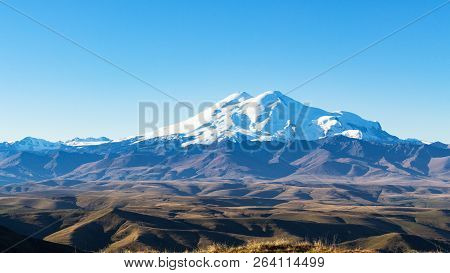 Travel To North Caucasus Region Region - Panoramic View Of Mount Elbrus From Bermamyt Plateau At Aut