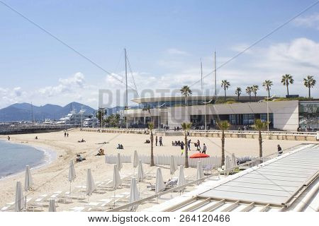 Cannes, France - April24 2017: Beach Facing The Palais Du Festival In Cannes, France