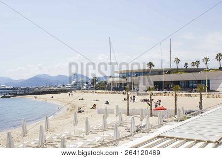 Cannes, France - April24 2017: Beach Facing The Palais Du Festival In Cannes, France
