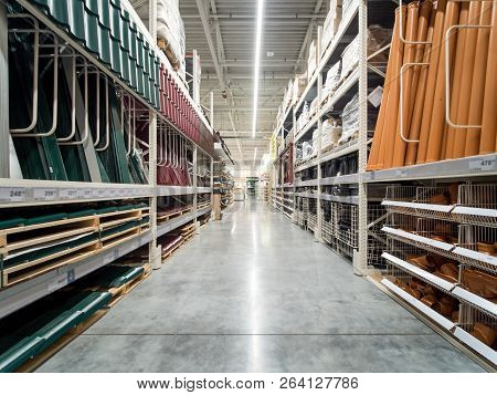 Store For Home Improvement And Diy. Warehouse Aisle Of Building Materials In Industiral Store. Shall