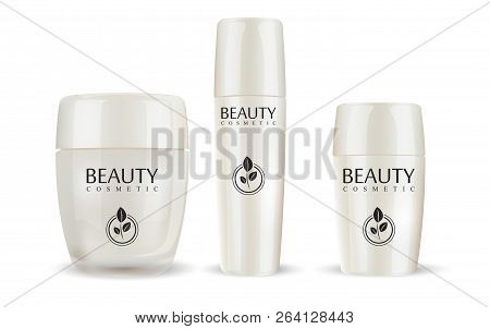 Glass Or Glossy Plastic Cream Gar With Closed Lid, Tonic Bottle And Solid Deodorant Set. Cosmetics M