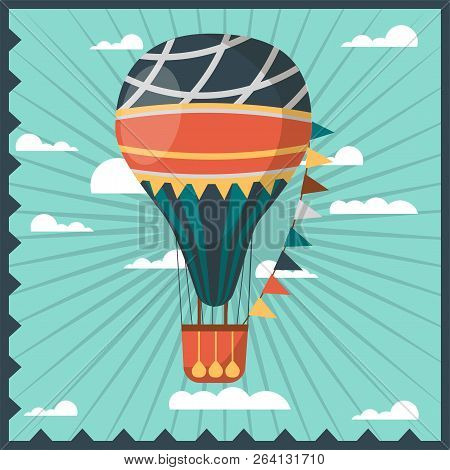 Airballon Isolated In Sky With White Clouds Colorful Greeting Card With Dark Blue Wavy Frame.