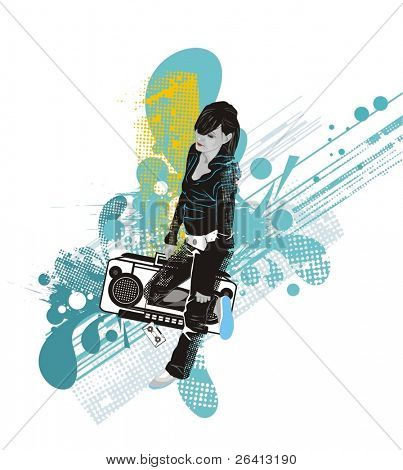 girl with a  boombox,grunge & floral elements,abstract vector