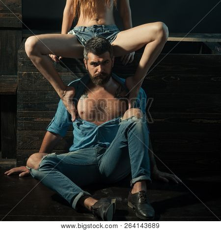 Jeans Vogue And Fashion. Male And Female Clothes. Beautiful Couple Wearing Jeans Clothes In Retro Ba