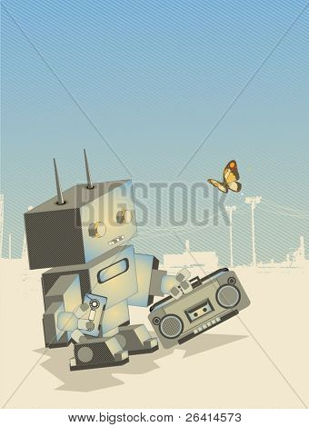 malé retro robot s boom-box, vektorové ilustrace
