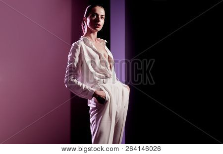 Fashion Copy Space. Trendy Woman Clothes Concept. Attractive Model In A Stylish White Suit In Pink B