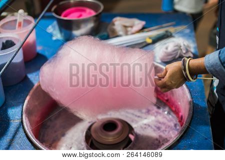 Rolling Cotton Candy In Candy Floss Machine. Making Candyfloss At Market Street.