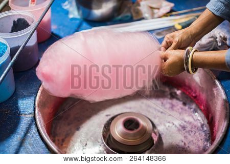 Rolling Cotton Candy In Candy Floss Machine. Making Candyfloss At Market Street.