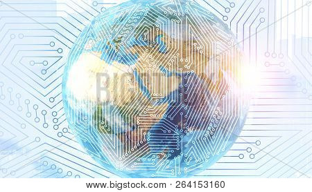Polygonal Earth With Circuits Over Morning Cityscape Background. Hi Tech Concept. 3d Rendering Toned
