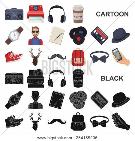 Style Hipster Cartoon Icons In Set Collection For Design. Hipster Attributes And Accessories Vector 