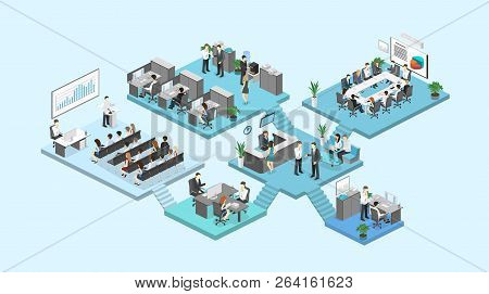 Isometric Flat 3D Abstract Office Floor Interior Departments Concept Vector.
