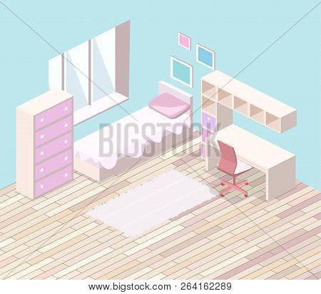 Isometric Flat 3D Cutaway Interior Girls All Pink Bedroom Interior.