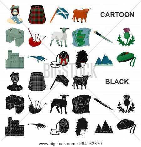 Country Scotland Cartoon Icons In Set Collection For Design. Sightseeing, Culture And Tradition Vect