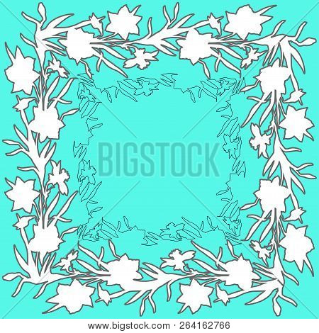 Floral Square Ornament Border With Hand Drawn Flowers Daffodils, Narcissus. Color Contour Floral Ele