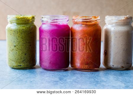 Jar Of Beet Dip Sauce, Almond Butter Or Tahini Pistachio Urbech And Salsa (tomato Paste) Sauce