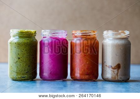 Jar Of Beet Dip Sauce, Almond Butter Or Tahini Pistachio Urbech And Salsa (tomato Paste) Sauce