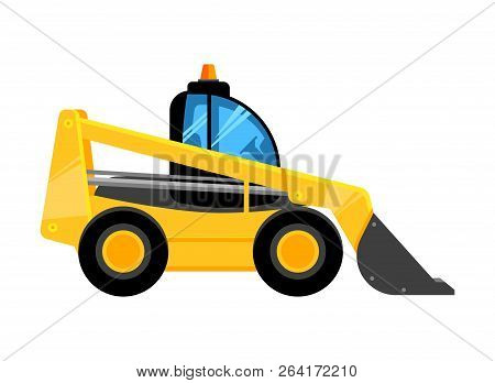 Front End Yellow Loader. Construct Machines Digger For Work Vehicles Vector Car Isolated On White