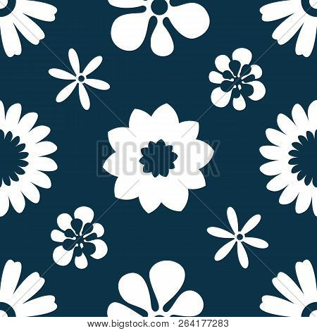 Seamless Pattern With White Flowers. Stock Flat Vector Illustration.