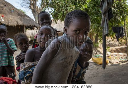 Orango Island, Guinea-bissau - February 3, 2018: Group Of Children At The Village Of Eticoga In The 