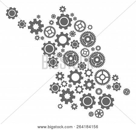 Map Of Jiangsu Province Designed With Gray Gear Symbols. Vector Abstract Collage Of Map Of Jiangsu P