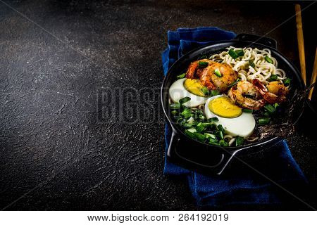 Traditional Asian Food, Ramen Soup With Shrimp, Noodles, Spring Onion, Sliced Eggs, Mushrooms, On Da