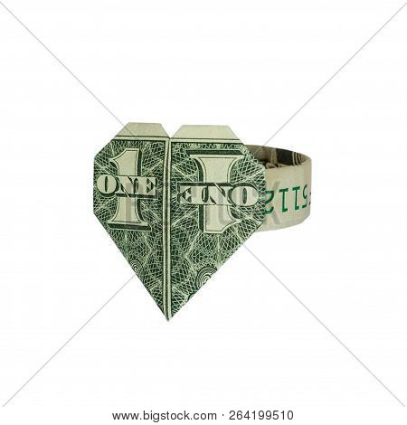 Money Origami Heart Ring Folded With Real One Dollar Bill Isolated On White Background