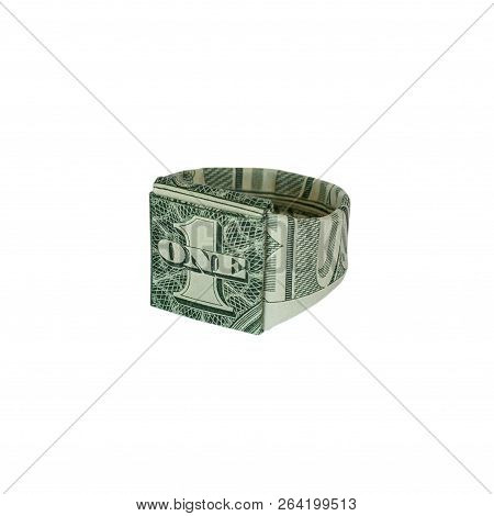 Money Origami Signet Ring Folded With Real One Dollar Bill Isolated On White Background