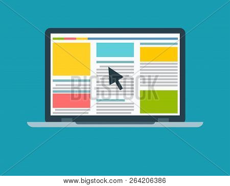 Pay Per Click Flat Illustration With Laptop And Pointer. Stock Flat Vector Illustration.