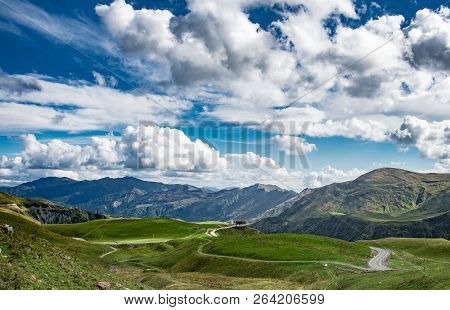 Georgian Military Road And Georgia-russia Frendship Monument Hi-res Panorama.