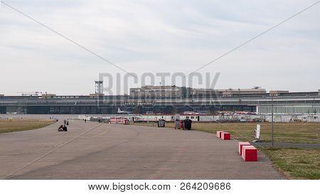 Berlin, Germany - October 10, 2018: Former Terminal Buildings In Public City Park Tempelhofer Feld, 