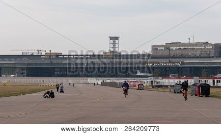 Berlin, Germany - October 10, 2018: Former Terminal Buildings In Public City Park Tempelhofer Feld, 