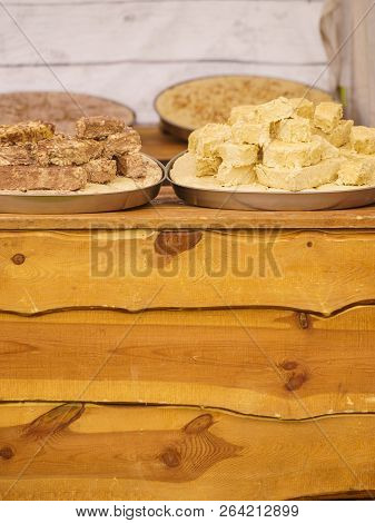 Halvah Sweet Traditional Food Dessert Made Of Nuts. Delicious Food, Tasty Healthy Snacks Concept.
