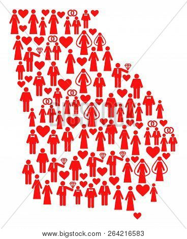 Collage Map Of Georgia State Created With Red Lovely Men And Women. Vector Lovely Geographic Abstrac